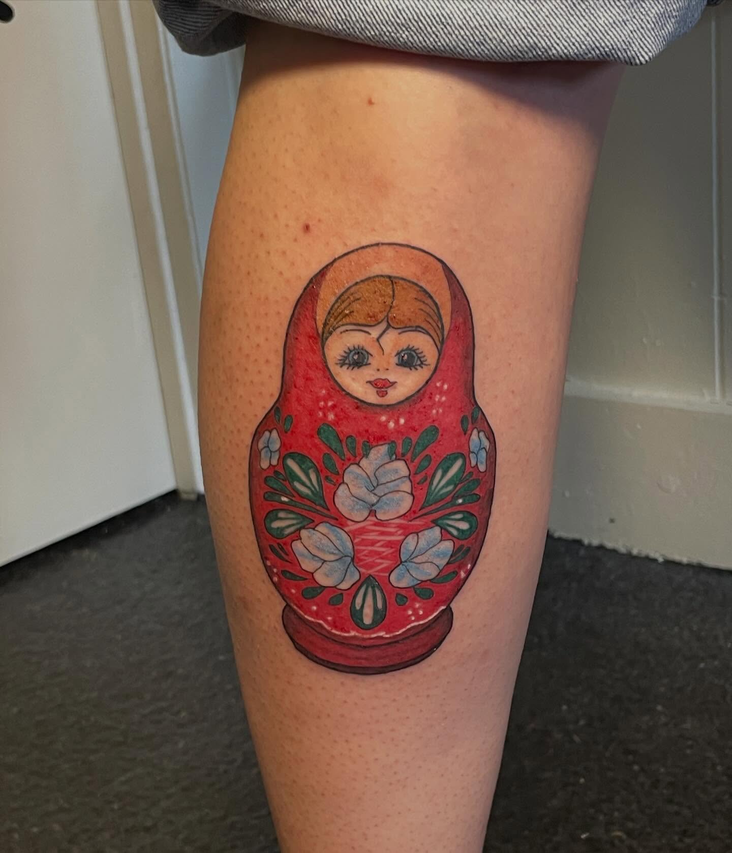 Matryoshka doll realism tattoo on the thigh by Sophia, New Carlisle, Ohio