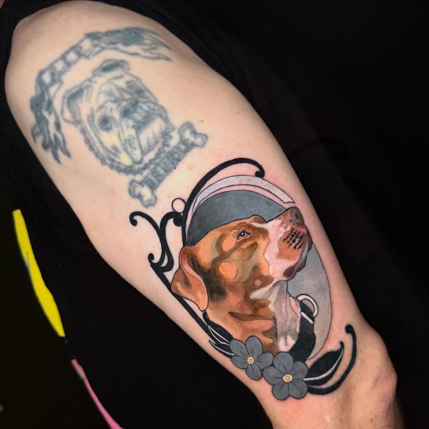 Dog wearing hat realism tattoo on the forearm by Paige Hudon, Chicago, Illinois