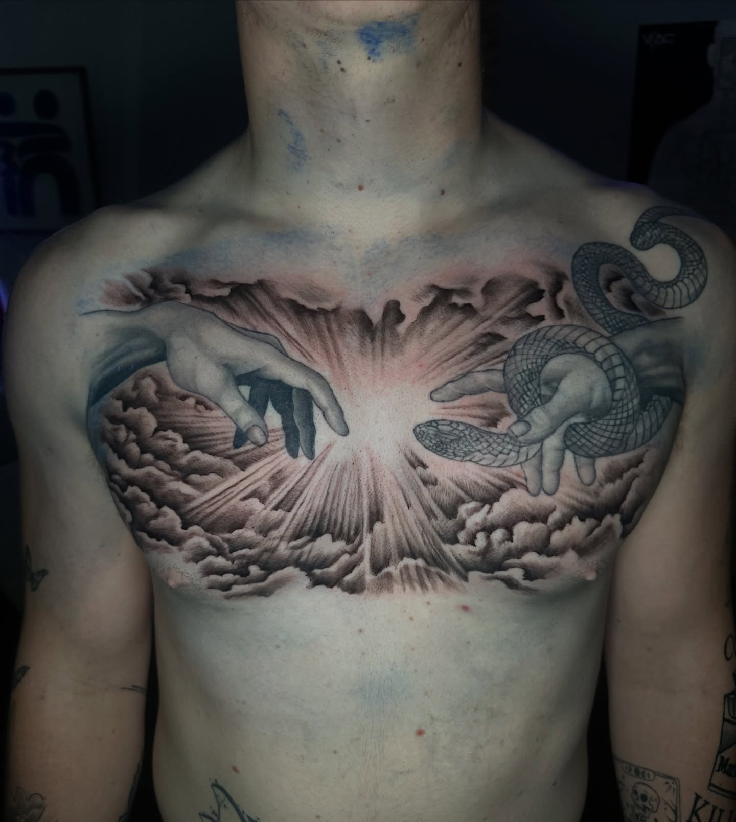 Creation scene realism tattoo on the chest by Chris (Pikasso)