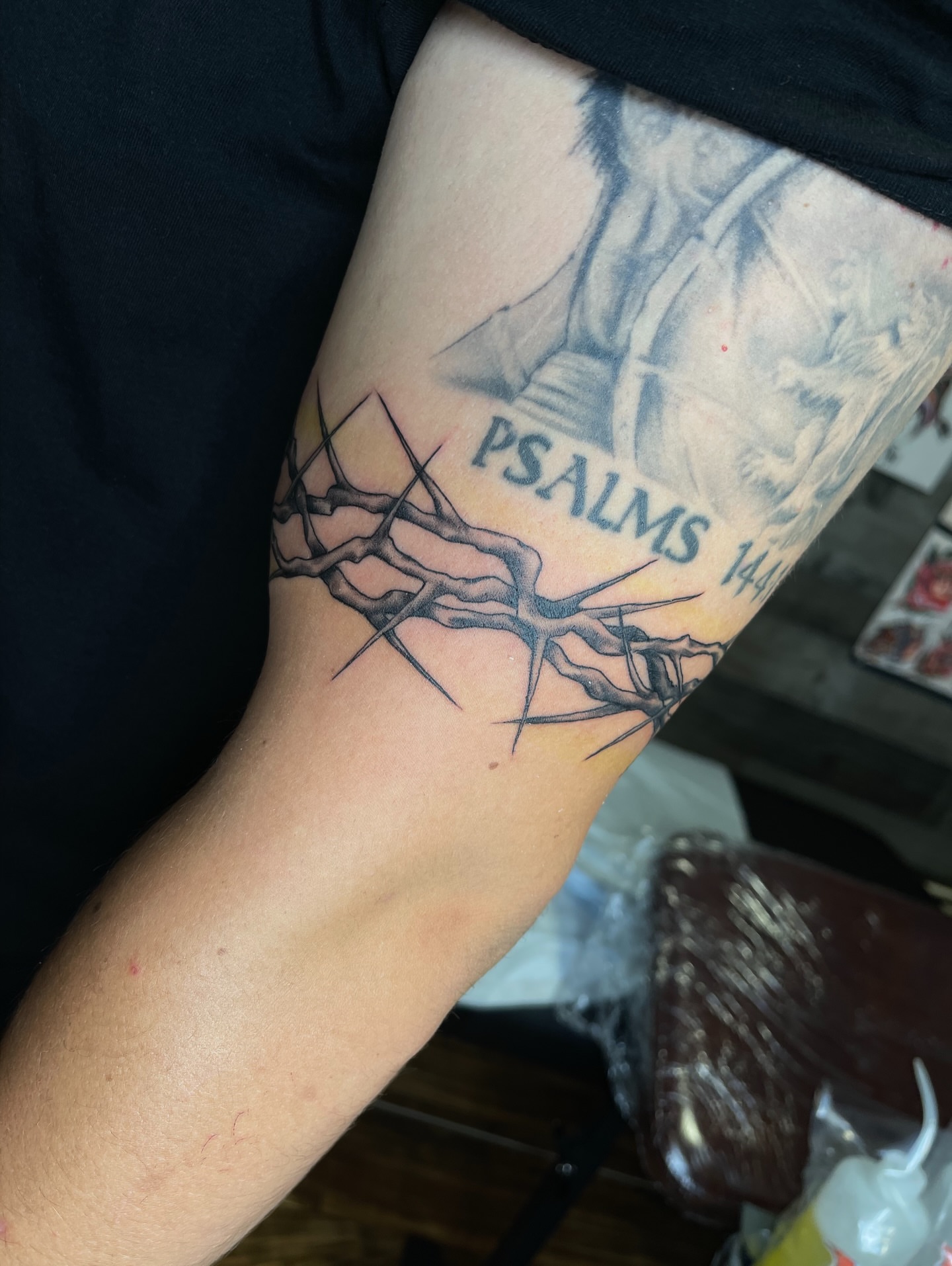 Crown of thorns black and grey tattoo on the forearm by Blake Alan Tattoos (TROUT)