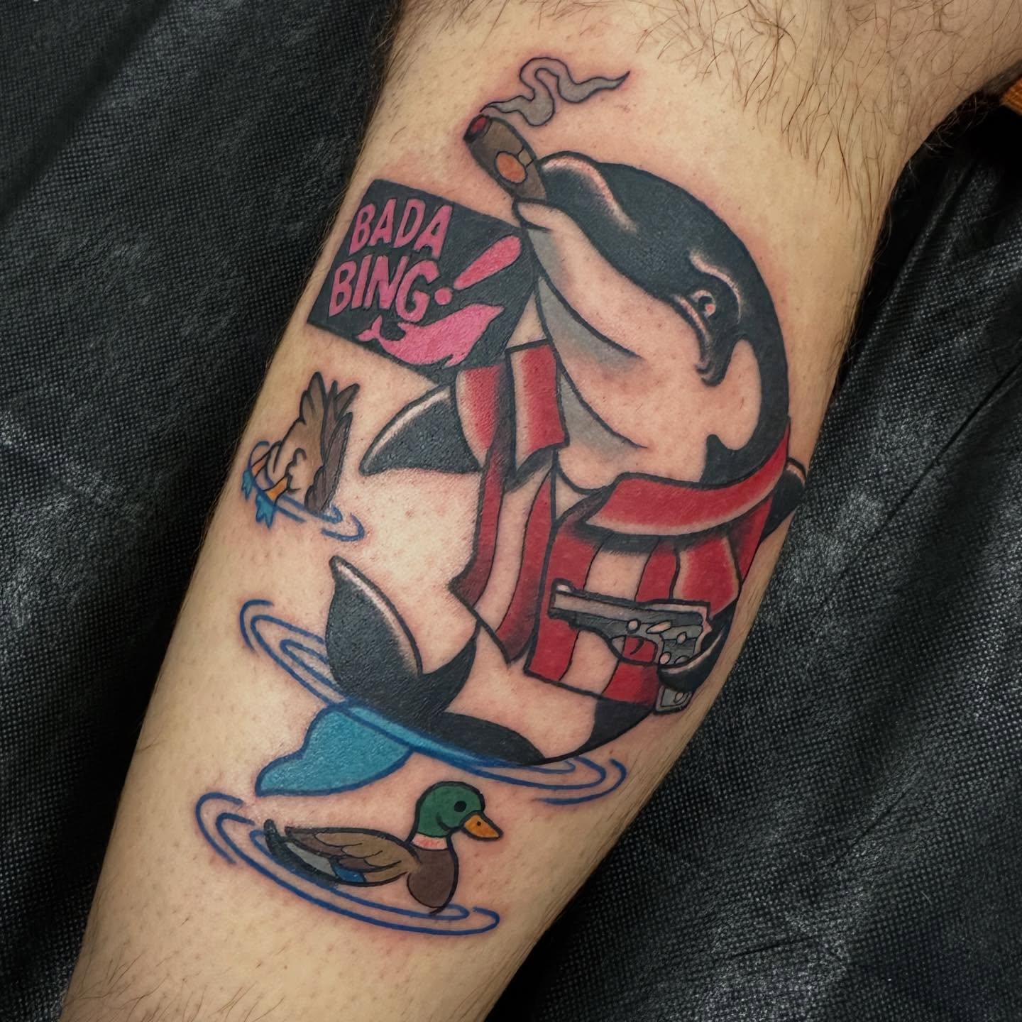 Shark with cigar American traditional tattoo on the forearm by Katie Beth