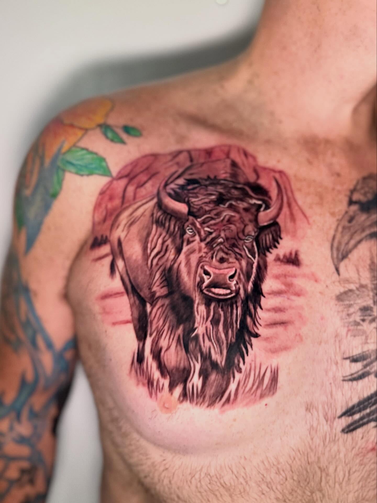 Buffalo realism tattoo on the chest by dotMX