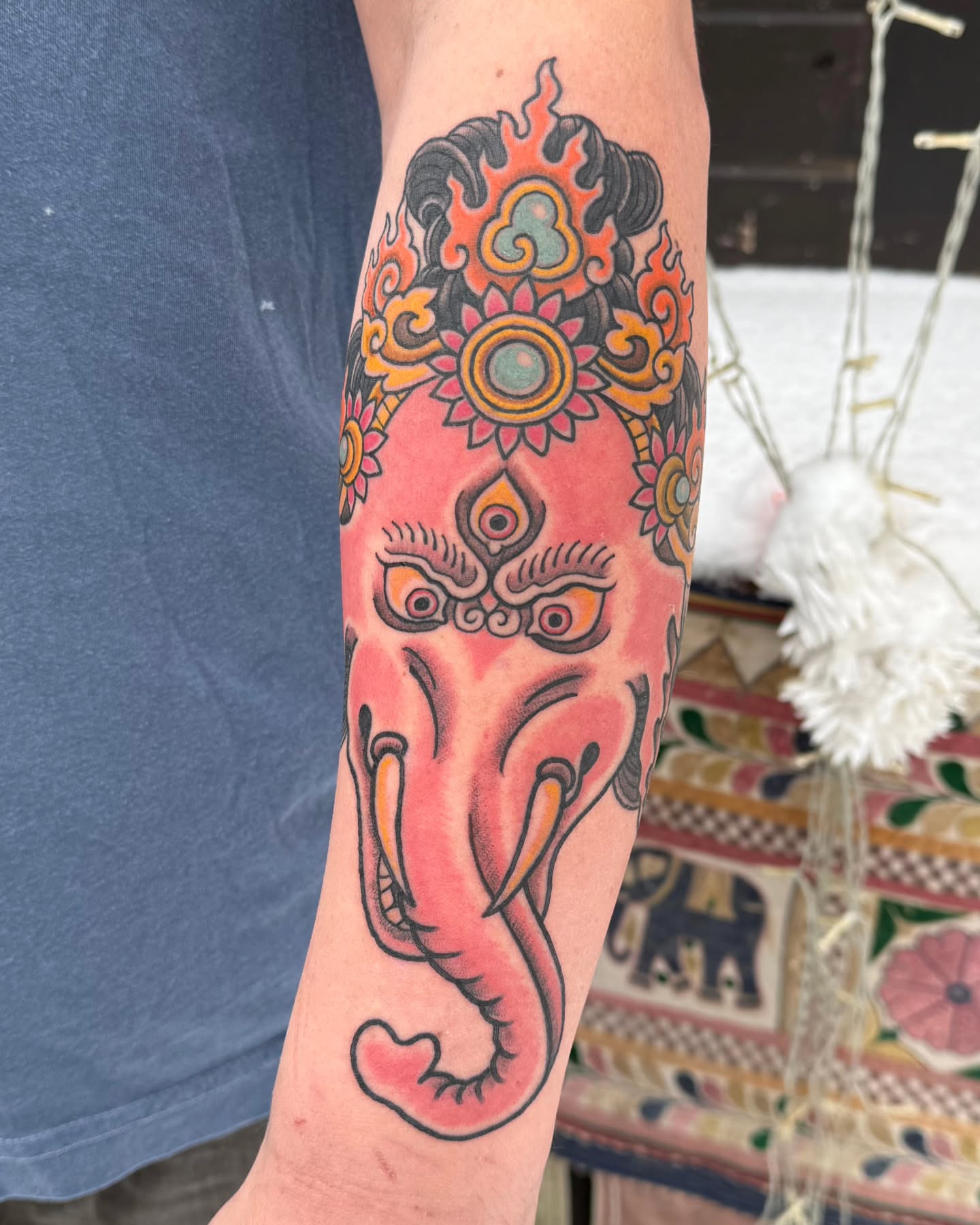 Elephant American traditional tattoo on the forearm by Ravi Chandra, Mount Shasta, California