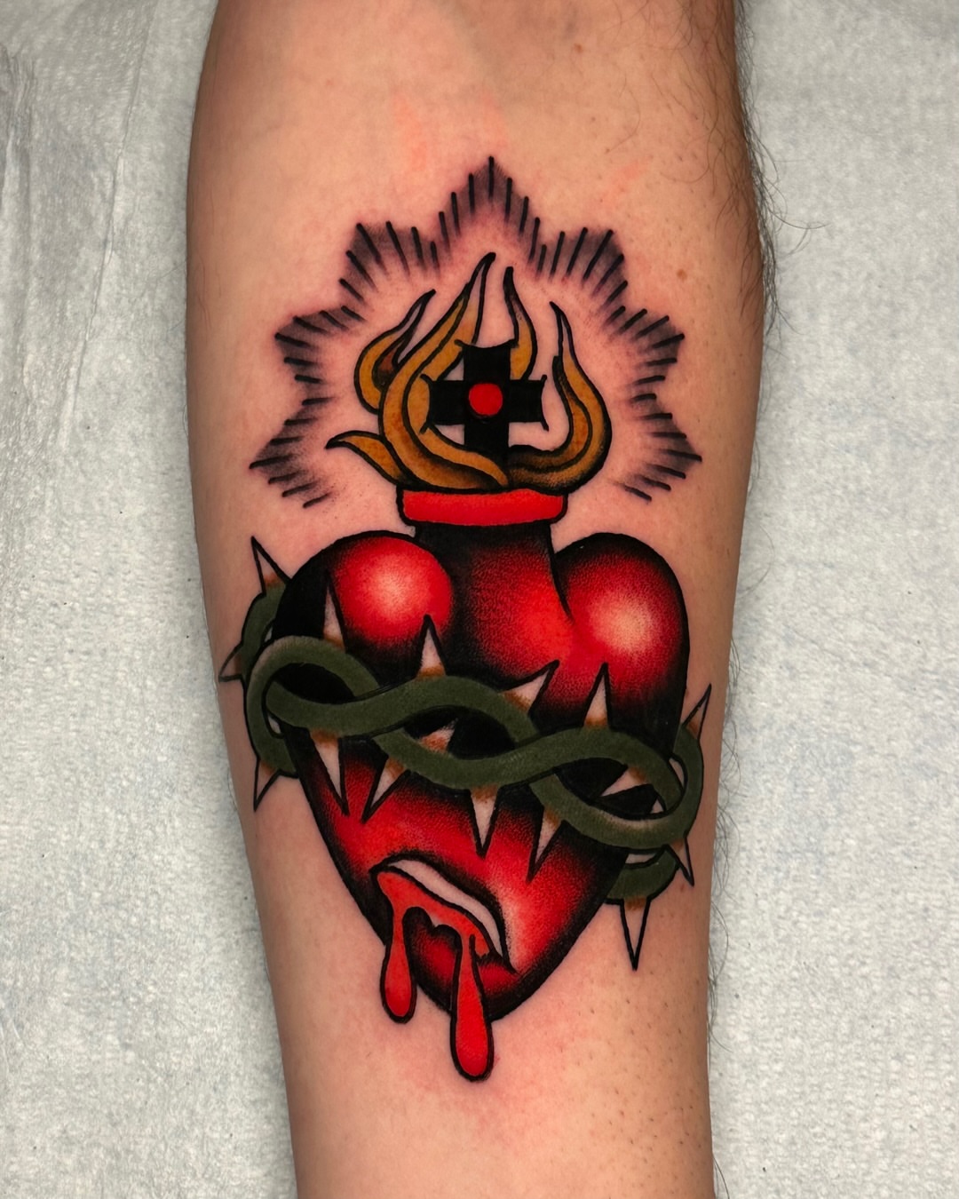 Heart with horns American traditional tattoo on the forearm by Tony Perez- Austin Texas Tattooer