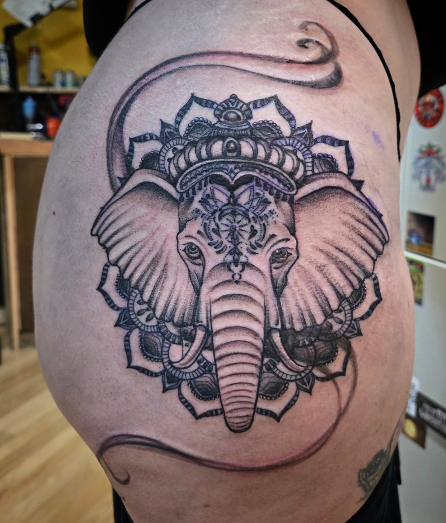 Tattoo by @tatpandaink — black_and_grey, ornamental