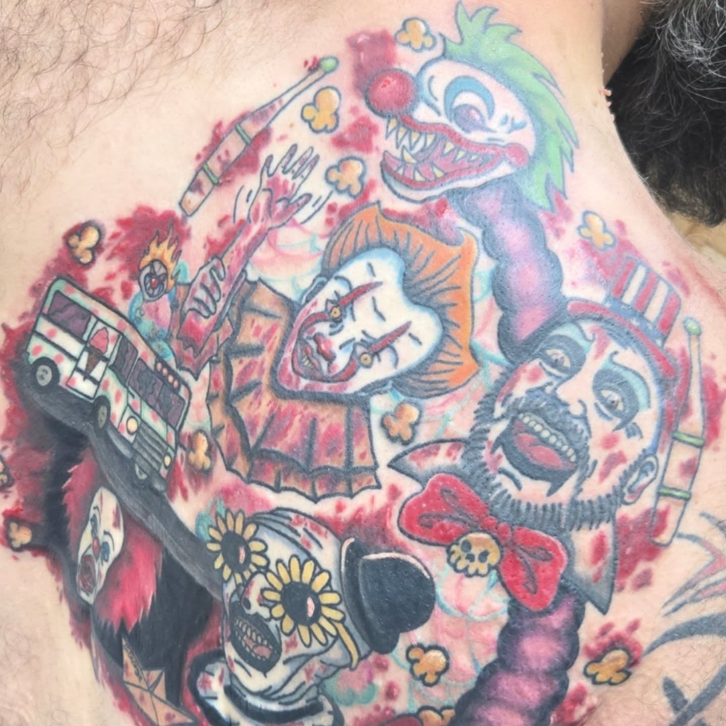 Clowns and skull American traditional tattoo on the chest by Abigail (Bgail) Boyd