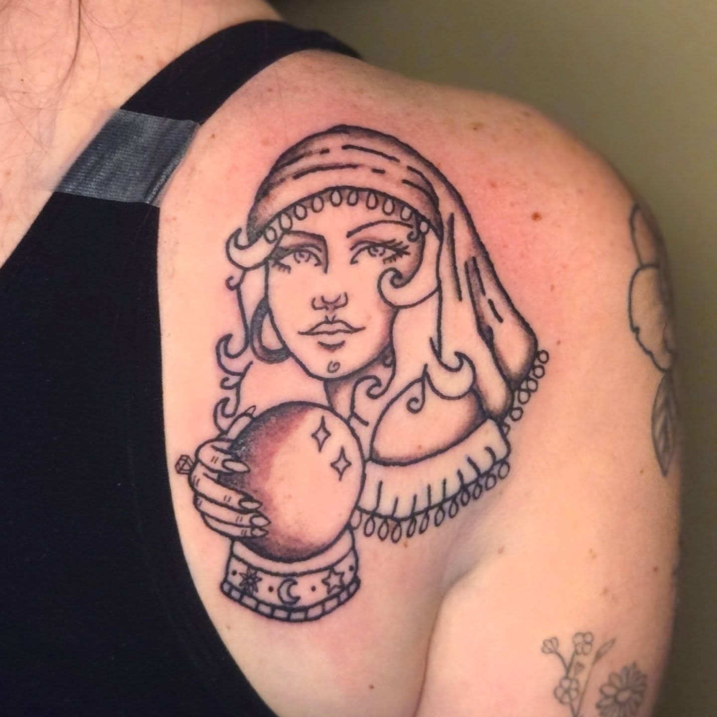 Oracle woman black and grey tattoo on the shoulder by Abigail (Bgail) Boyd