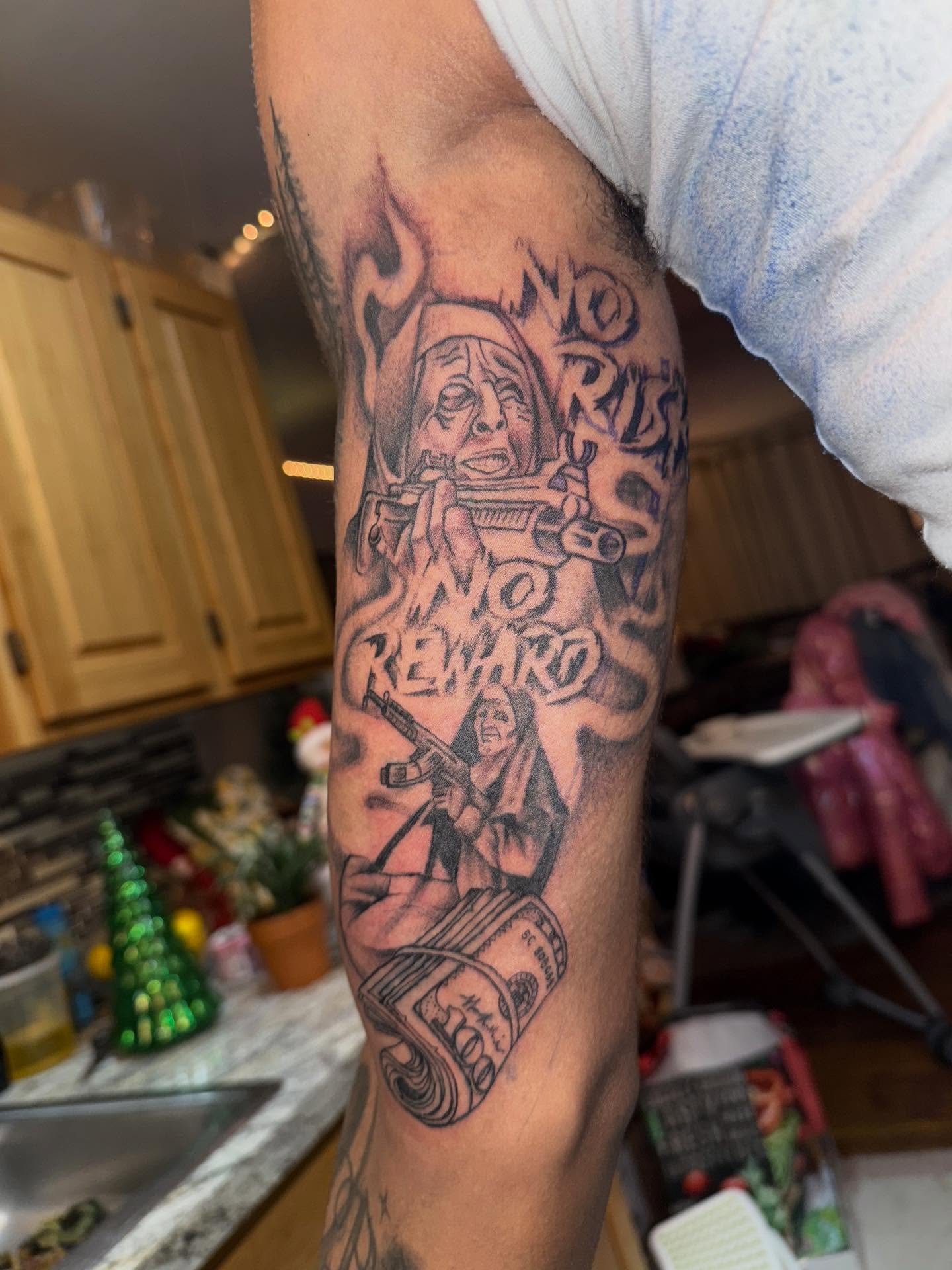 No risk no reward black and grey tattoo on the forearm by Aja Marie