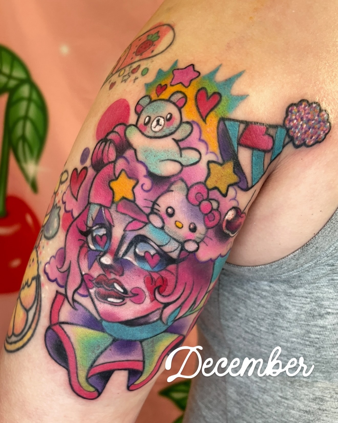 Kawaii characters new school tattoo on the upper arm by ☆ Sammy ☆