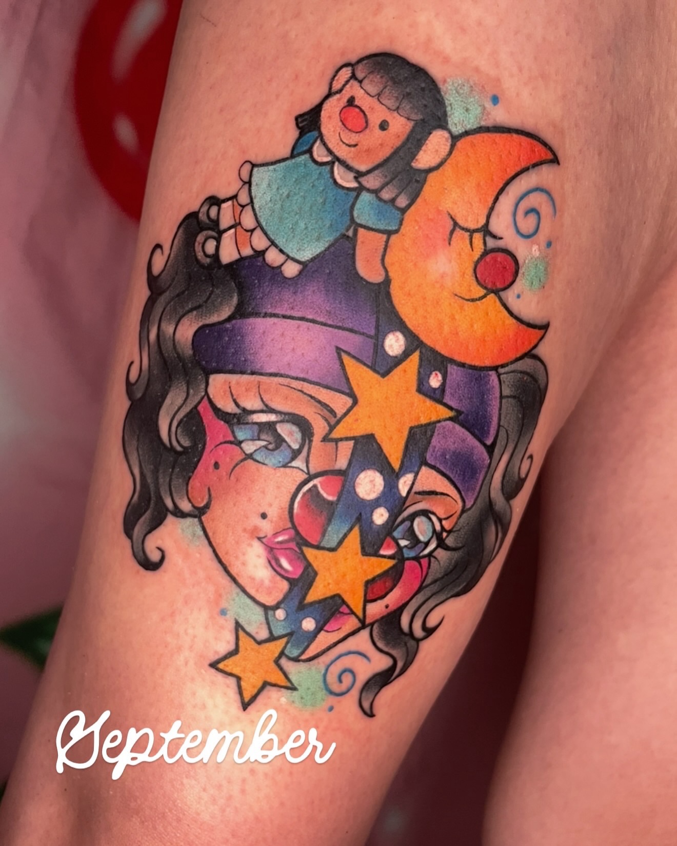 Clown and stars watercolor tattoo on the forearm by ☆ Sammy ☆
