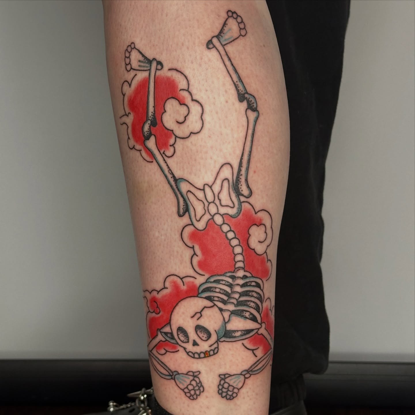 Smoking skeleton American traditional tattoo on the calf by Gabriel F Kingston Beitia
