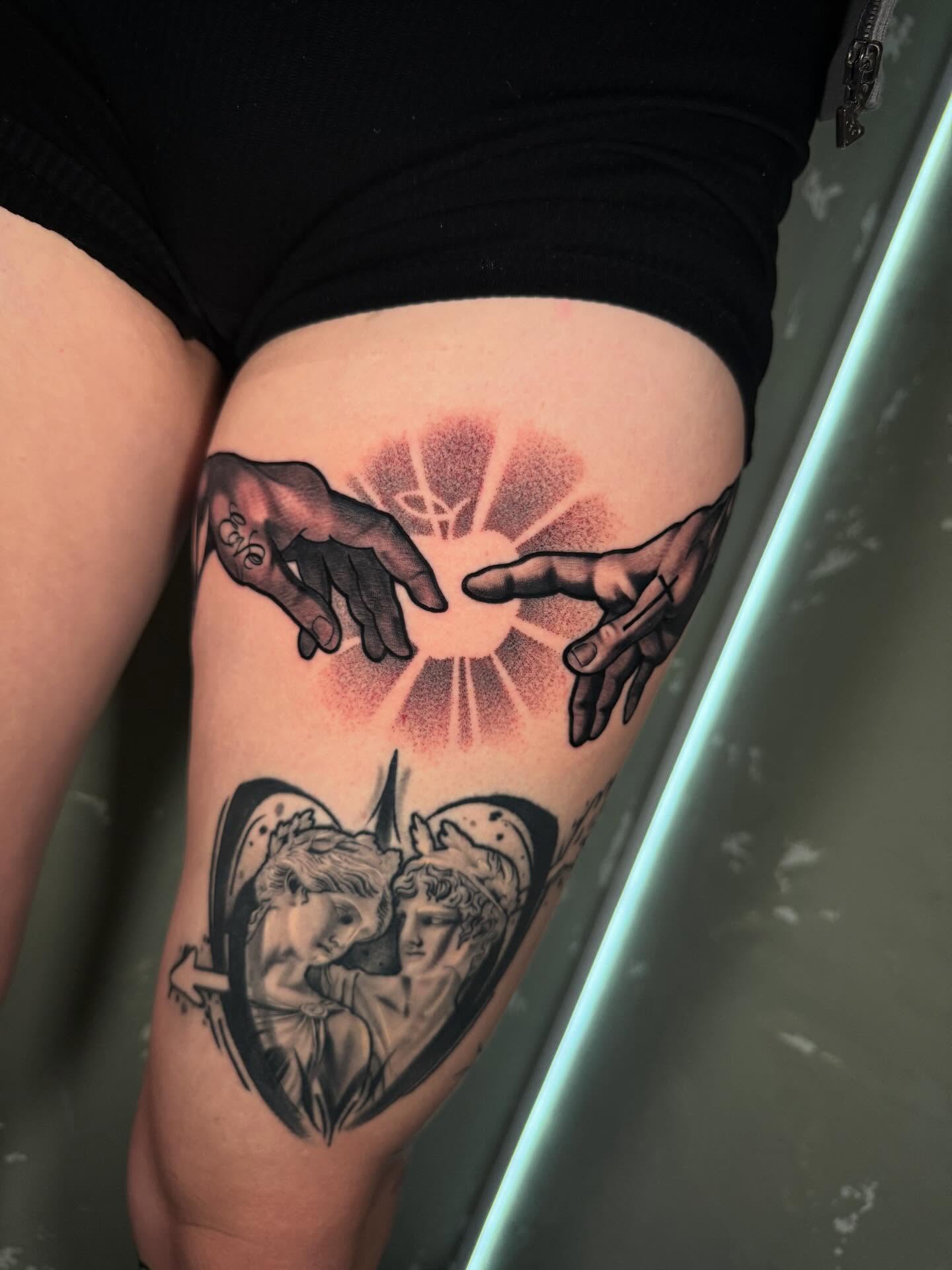 Creation scene dotwork tattoo on the thigh by Las Vegas Tattoo Artist, Las Vegas, Nevada