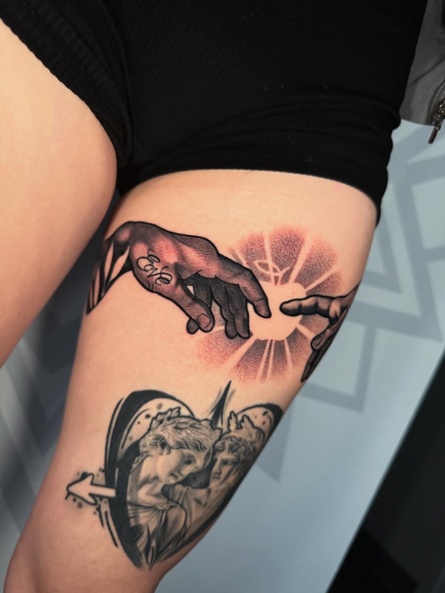 Creation scene dotwork tattoo on the thigh by Las Vegas Tattoo Artist, Las Vegas, Nevada