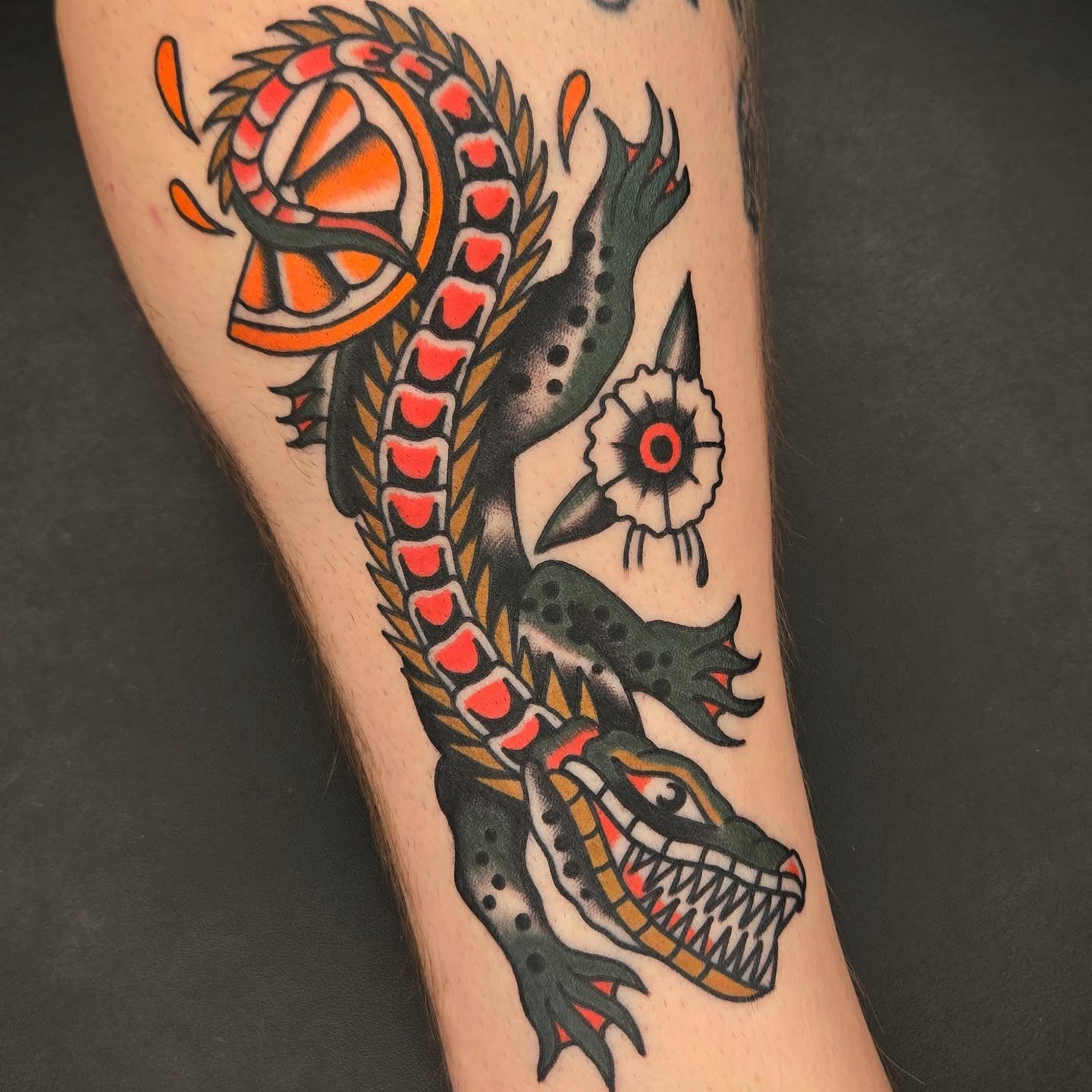 Alligator and flower American traditional tattoo on the forearm by Deke Harms, Bend, Oregon
