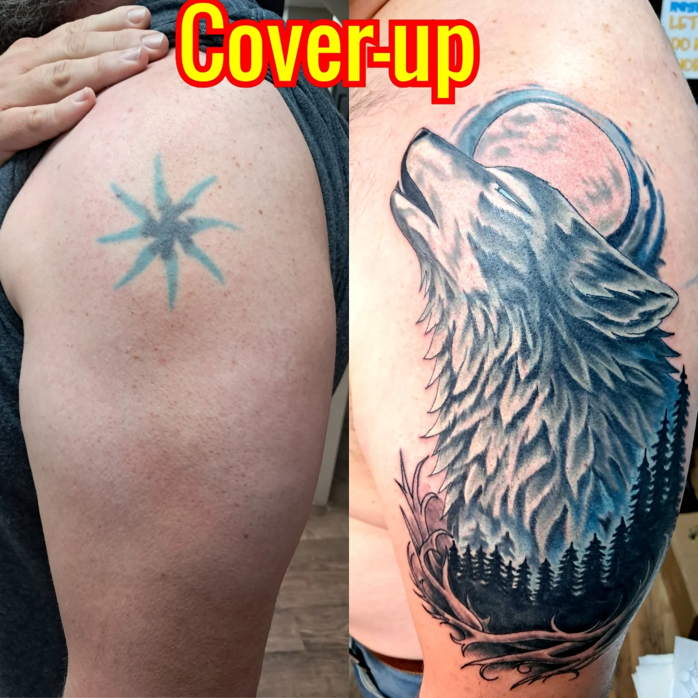 Wolf howling at moon realism tattoo on the shoulder by Reb Fularz