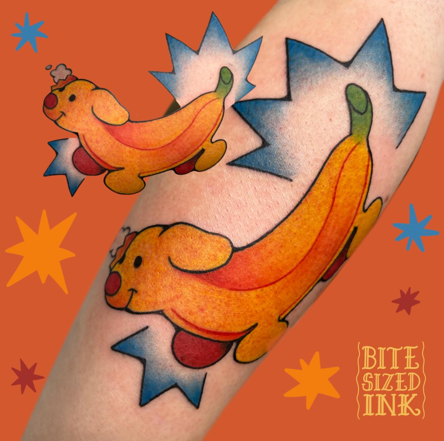 Banana American traditional tattoo on the forearm by ✶ 𝓑𝓲𝓽𝓮𝓼𝓲𝔃𝓮𝓭 𝓘𝓷𝓴 ✶, Buford, Georgia