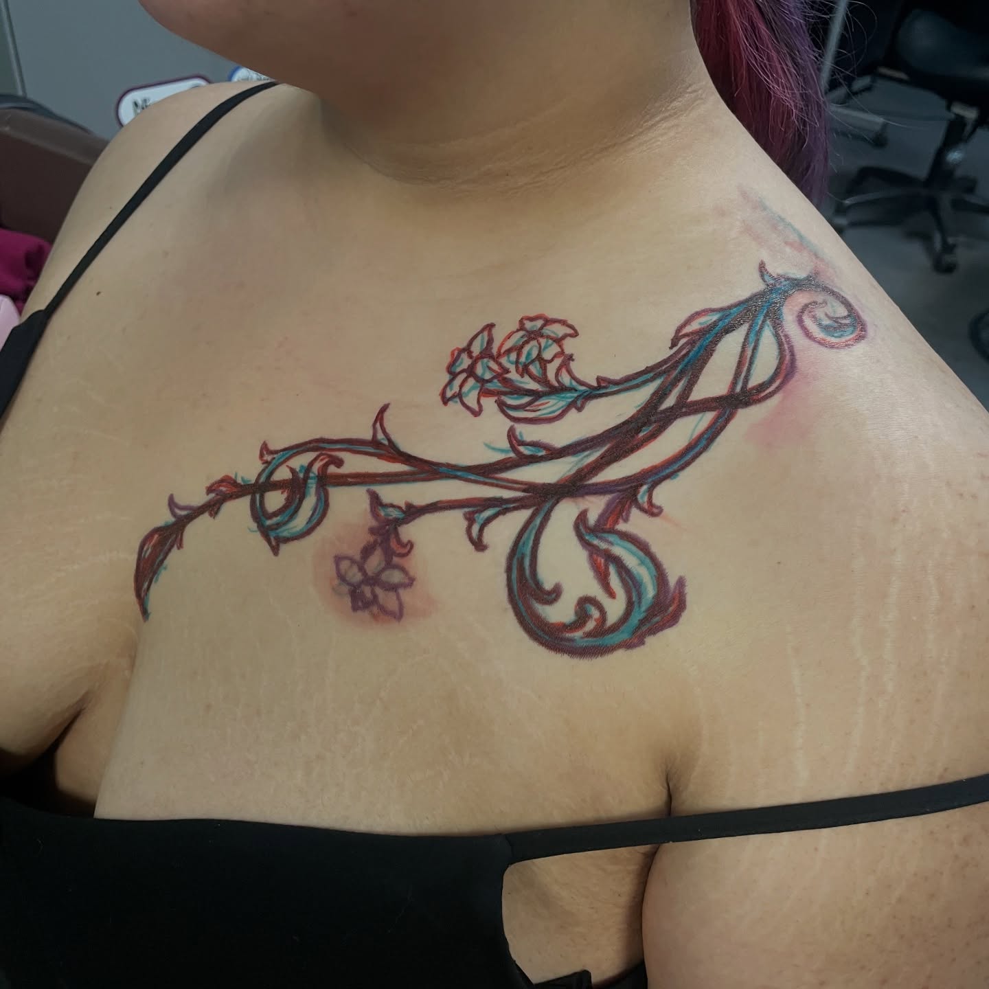 Floral vine new school tattoo on the chest by Mia 	\(★ω★)