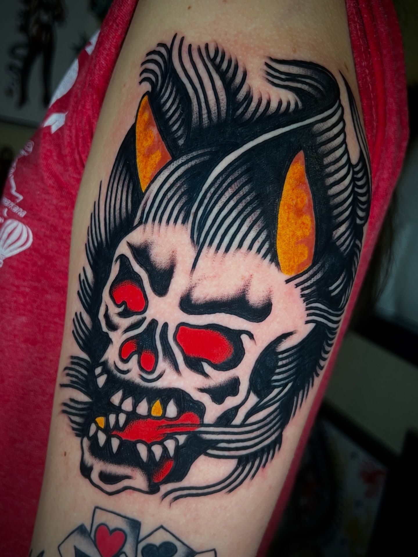 Skull with horns American traditional tattoo on the forearm by 💥Jeff Klug💥, Austin, Texas