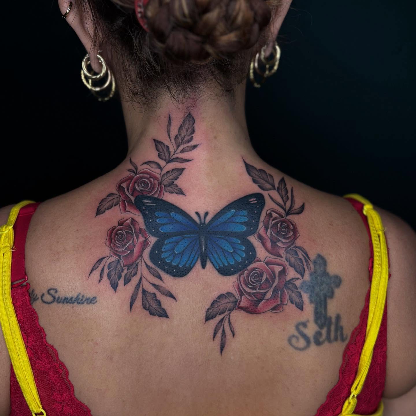 Butterfly and roses realism tattoo on the back by ༺☆༻