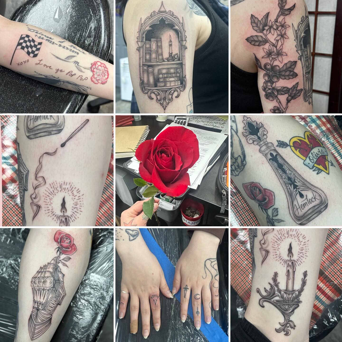Rose and bottle American traditional tattoo on the forearm by Olivia Norbert