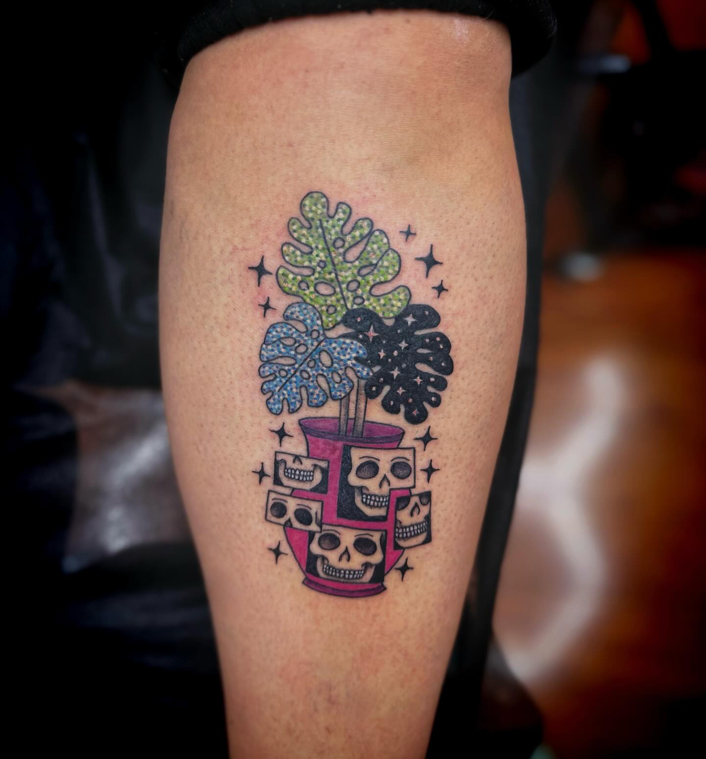 Skull plant pot neo-traditional tattoo on the forearm by Kraken ink Tattoo, San Francisco, California