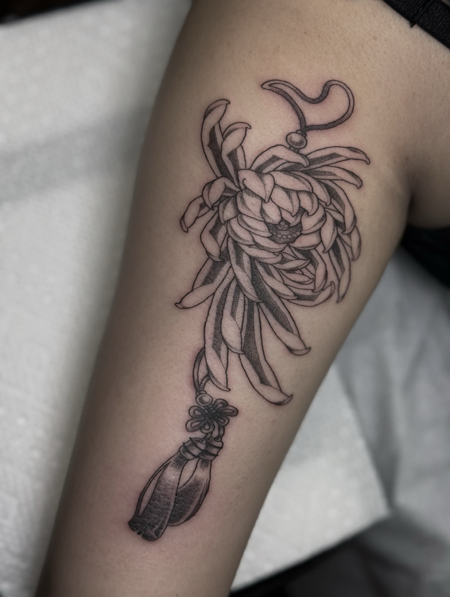 Chrysanthemum black and grey tattoo on the forearm by Virginia 🥀Neo Traditional