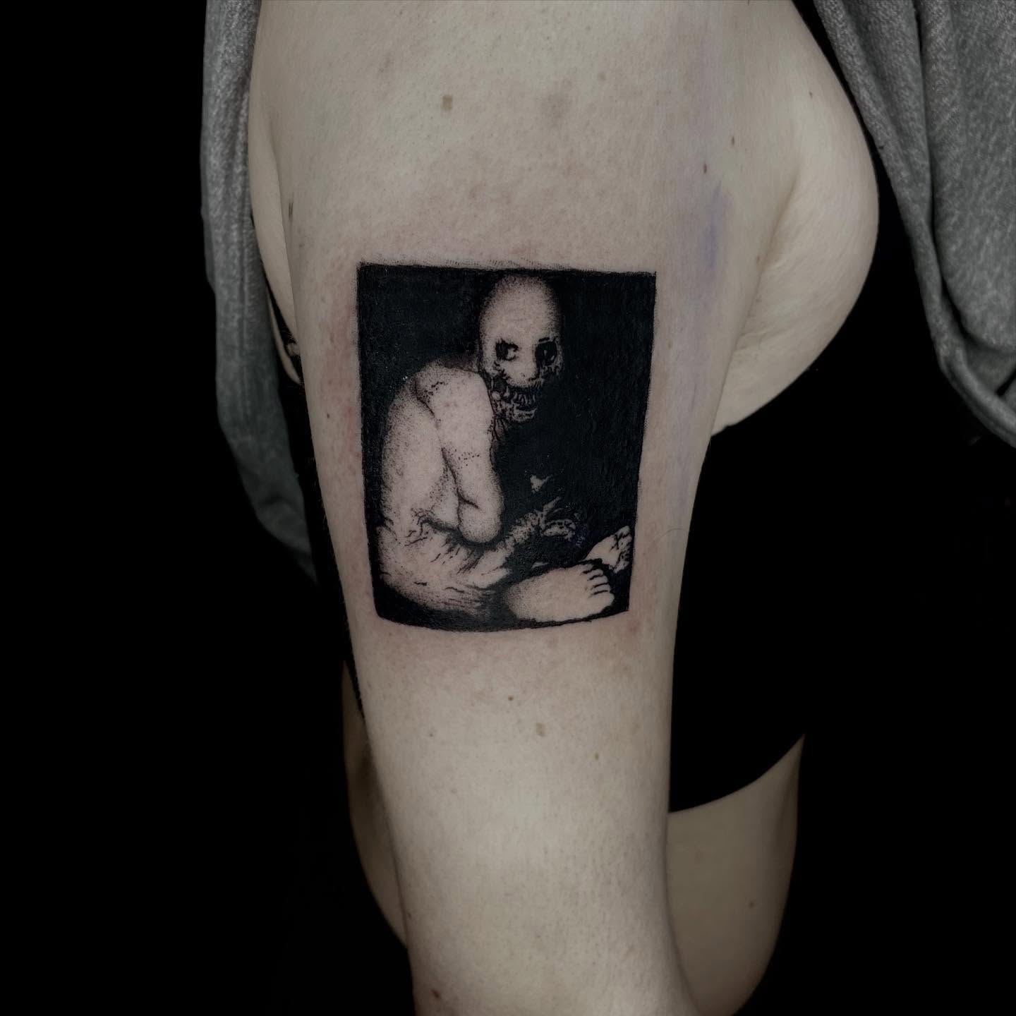 Creepy figure dark realism tattoo on the forearm by Dev