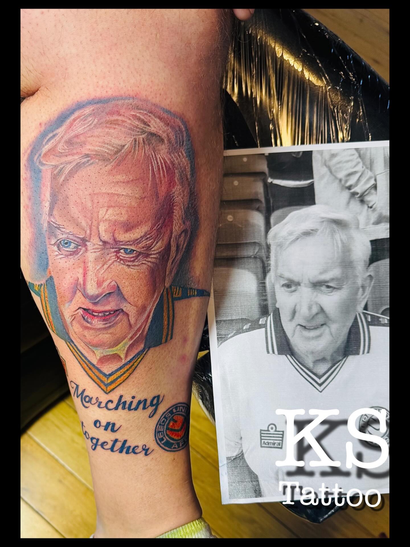 Portrait realism tattoo on the forearm by Karen Smith