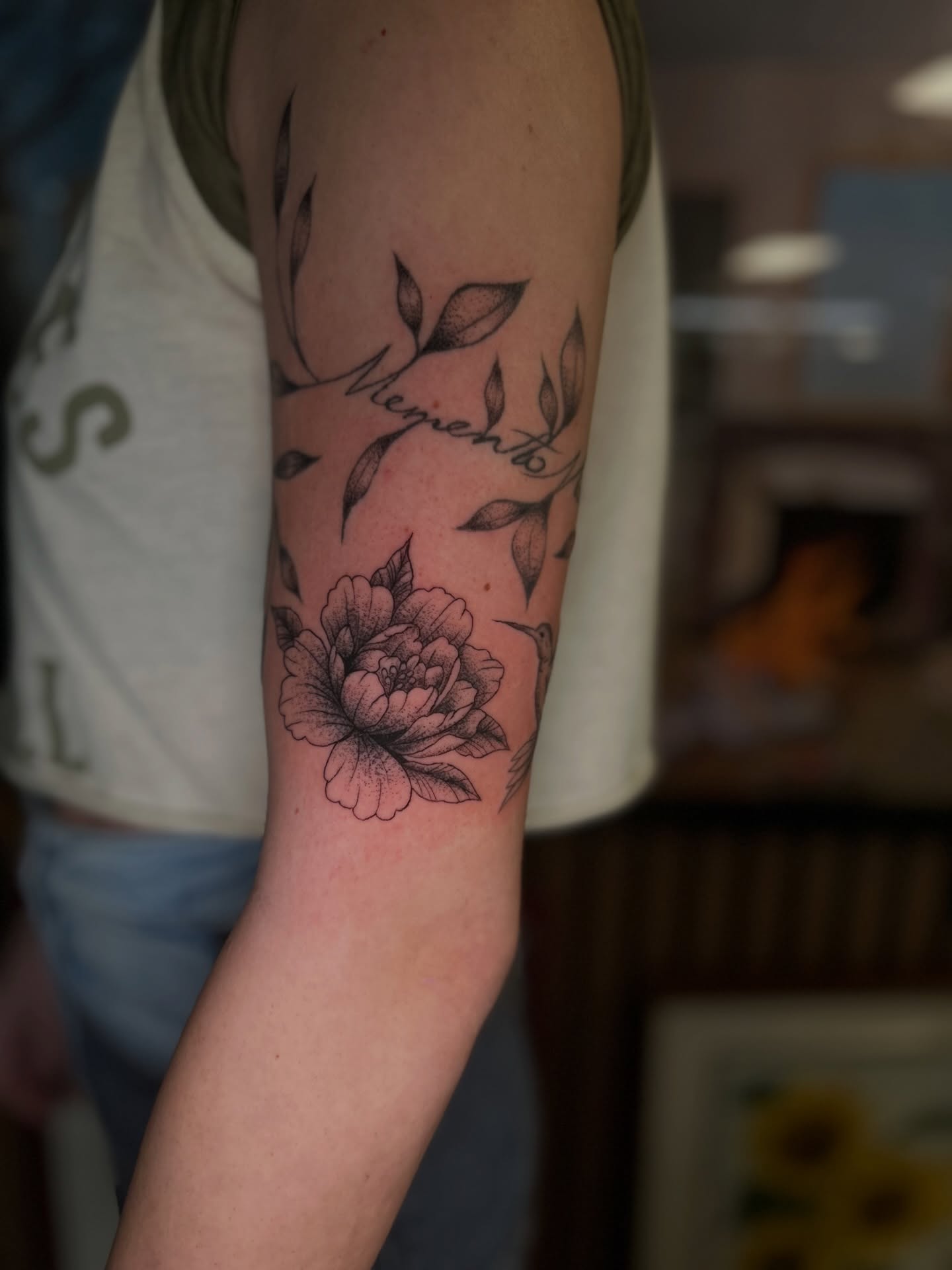 Peony flower dotwork tattoo on the forearm by Torrey, Austin, Texas