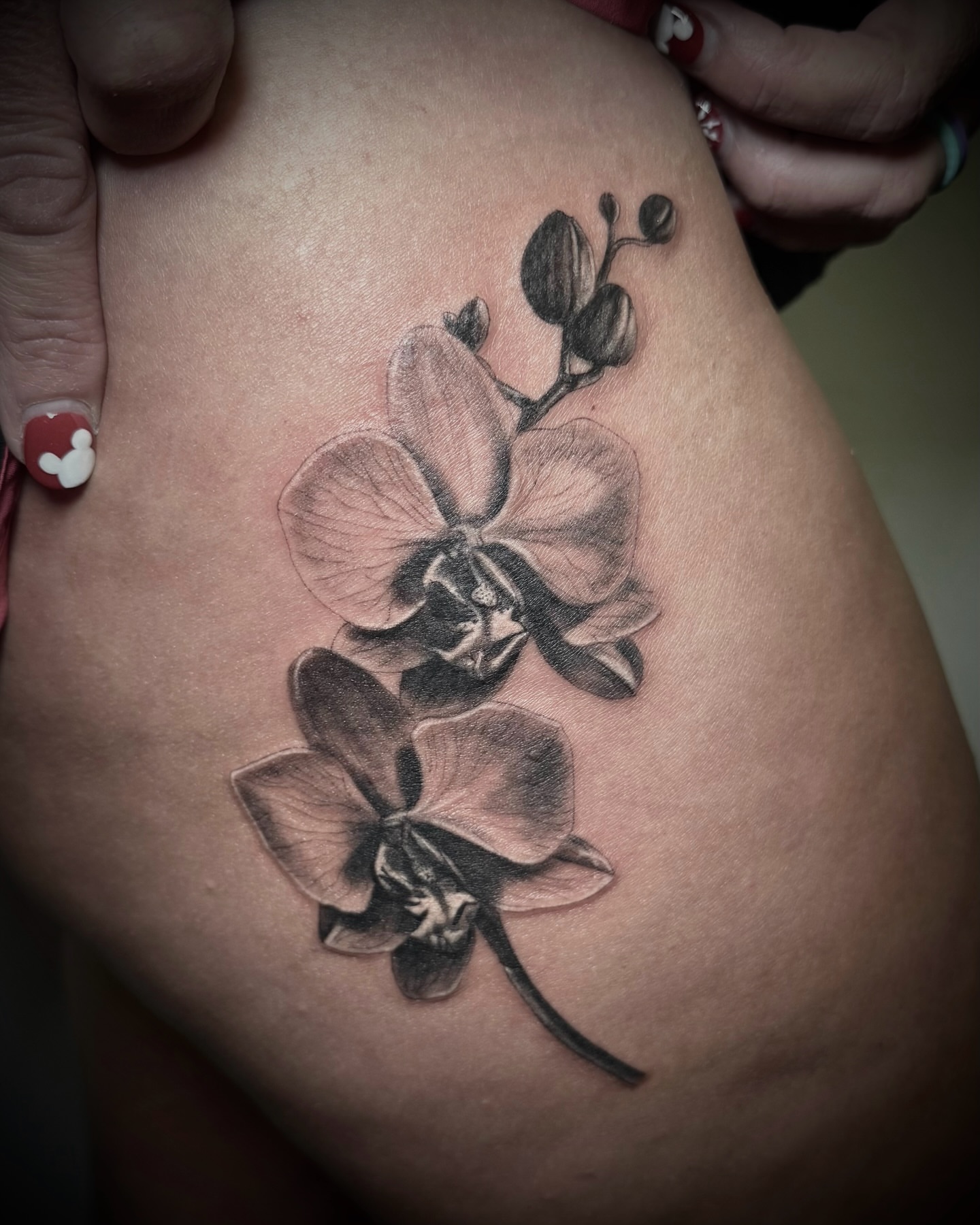 Orchid black and grey tattoo on the thigh by Tattoos by Katherina, Willoughby, Ohio