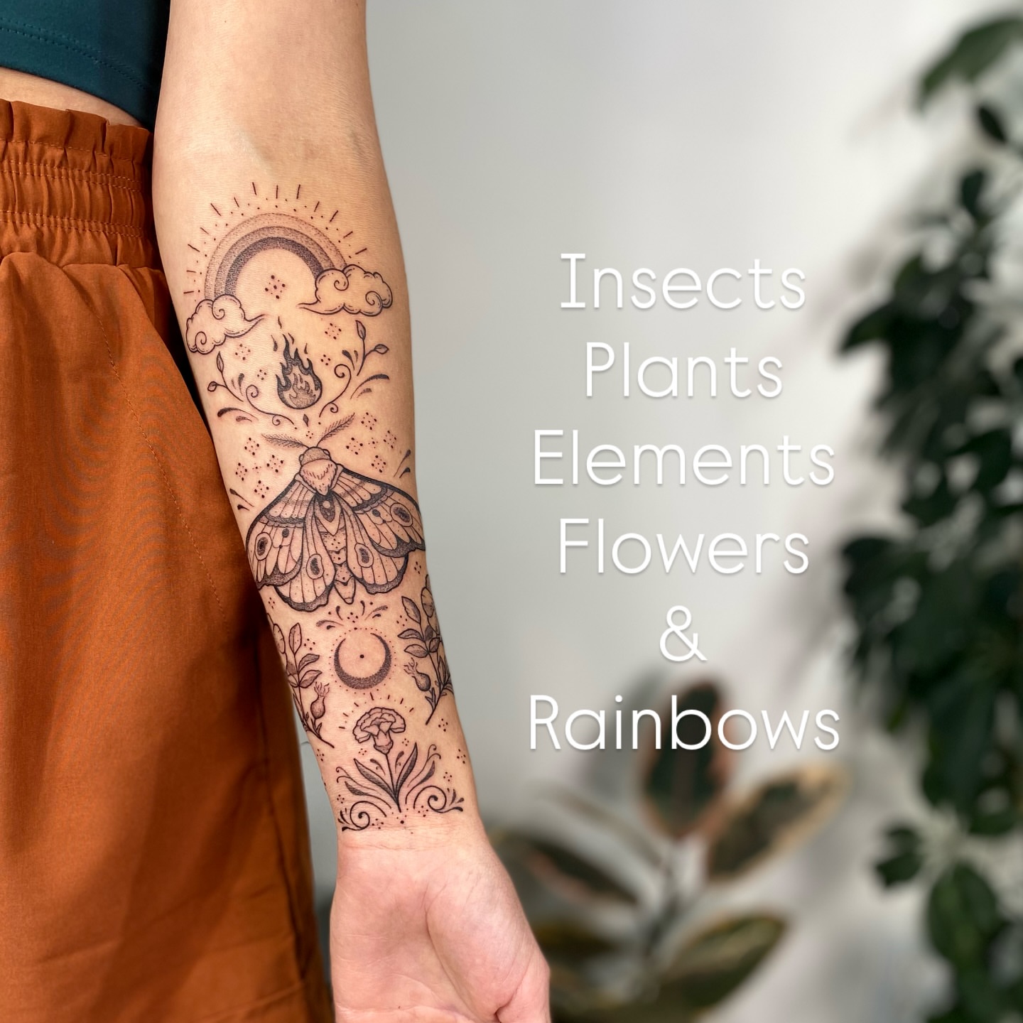 Insects, plants, elements, flowers, rainbows dotwork tattoo on the forearm by Santiago Don, Portland, Oregon