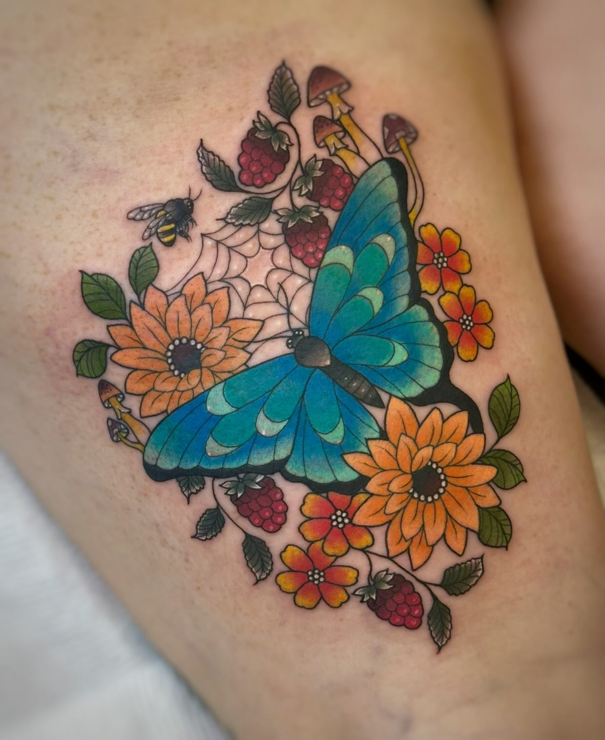 Butterfly and flowers new school tattoo on the thigh by 𓍊𓋼 Joana Diane Tattoos 𓋼𓍊