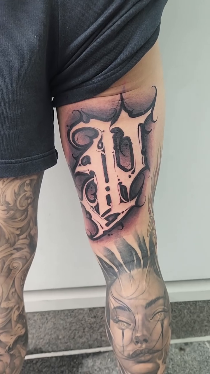 Gothic letter D lettering script tattoo by mr.scriptkeeper
