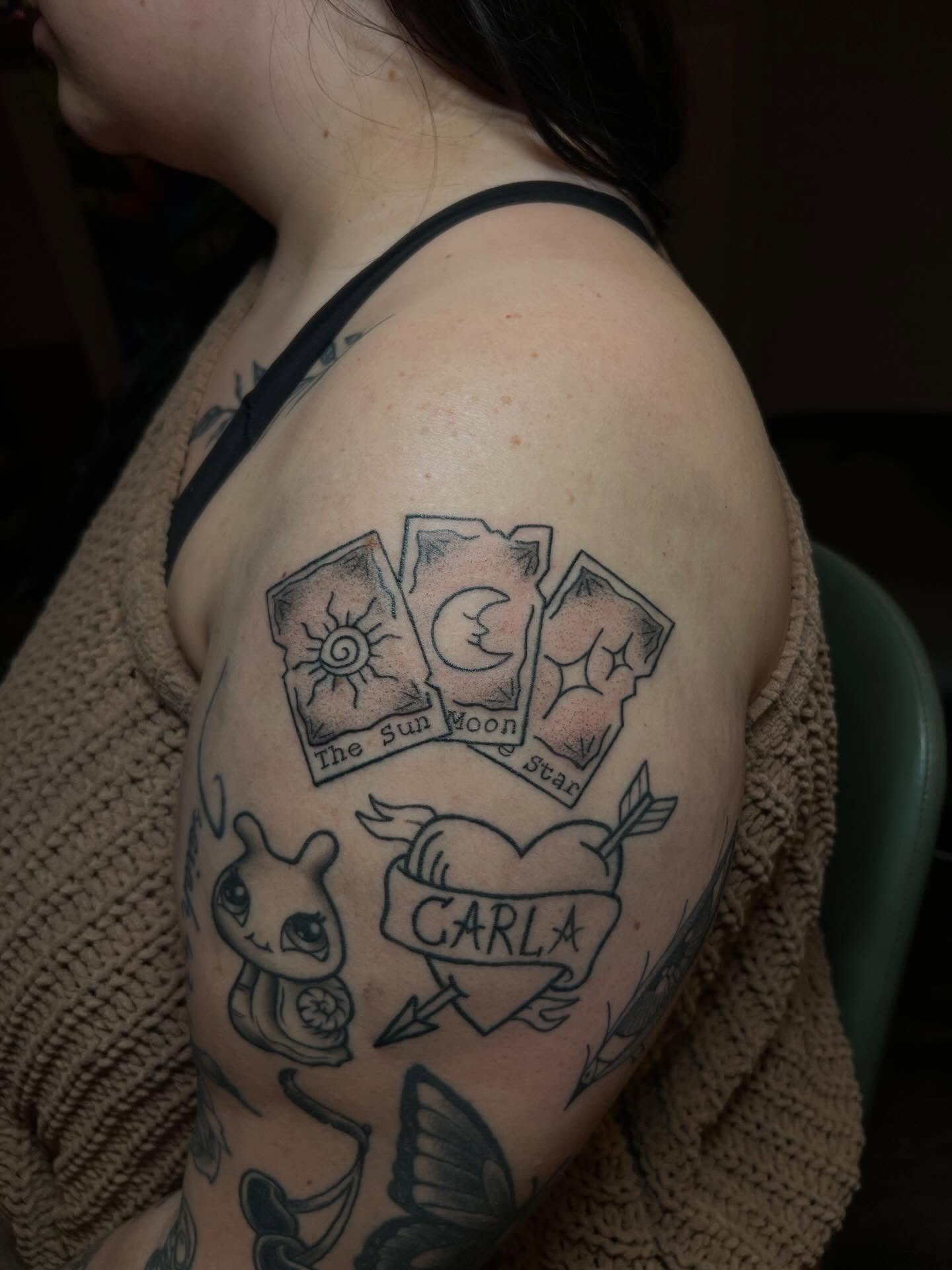 Tarot cards American traditional tattoo on the shoulder by zoie rozay hannah