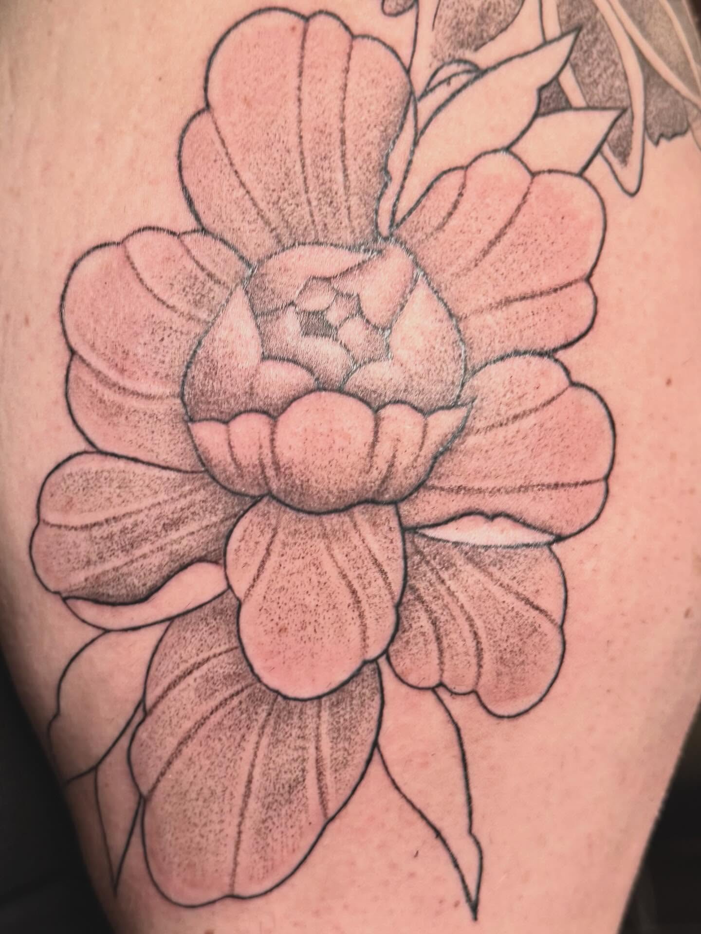 Peony dotwork tattoo on the thigh by zoie rozay hannah
