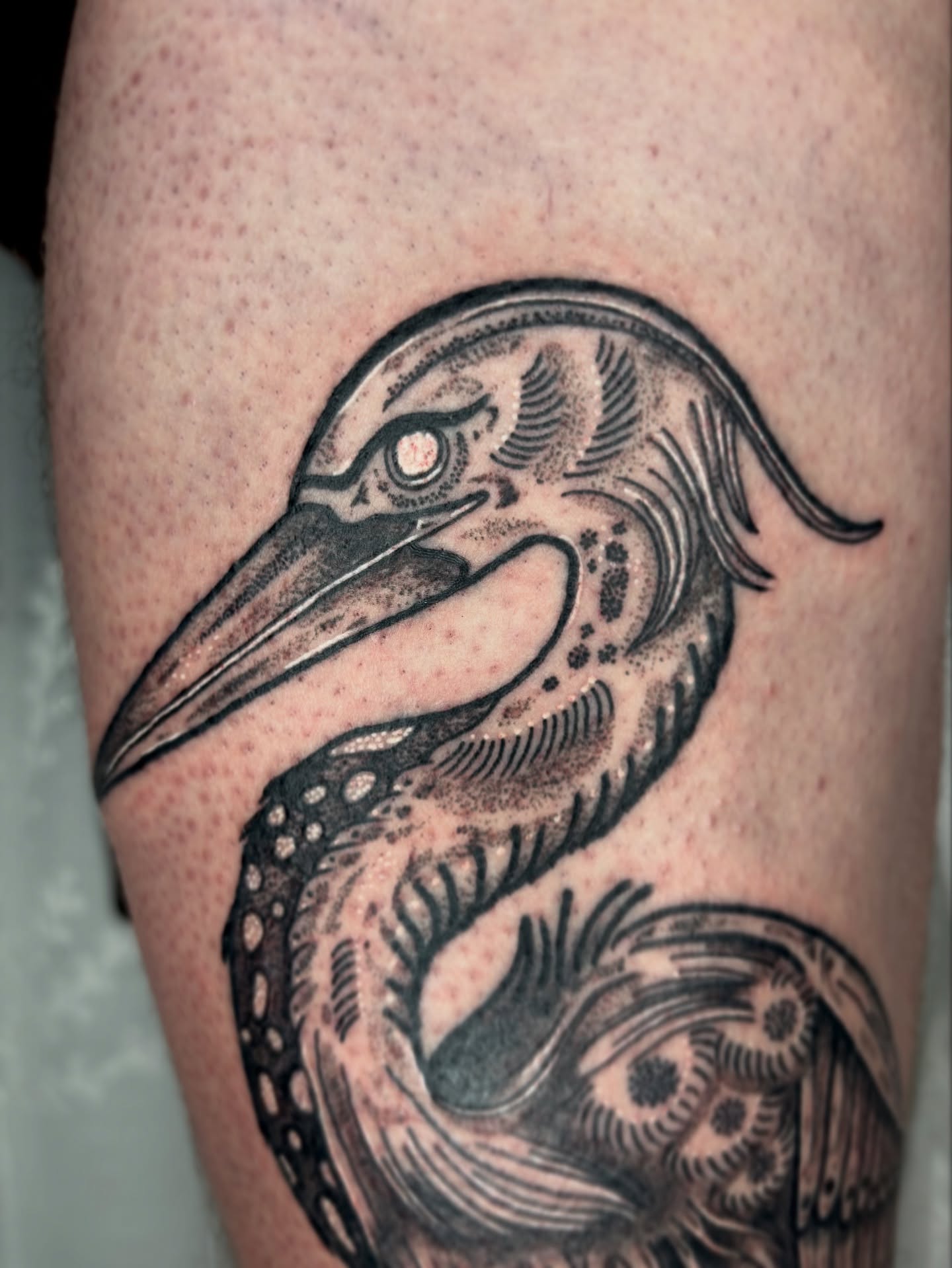 Heron black and grey tattoo on the thigh by destiney rose