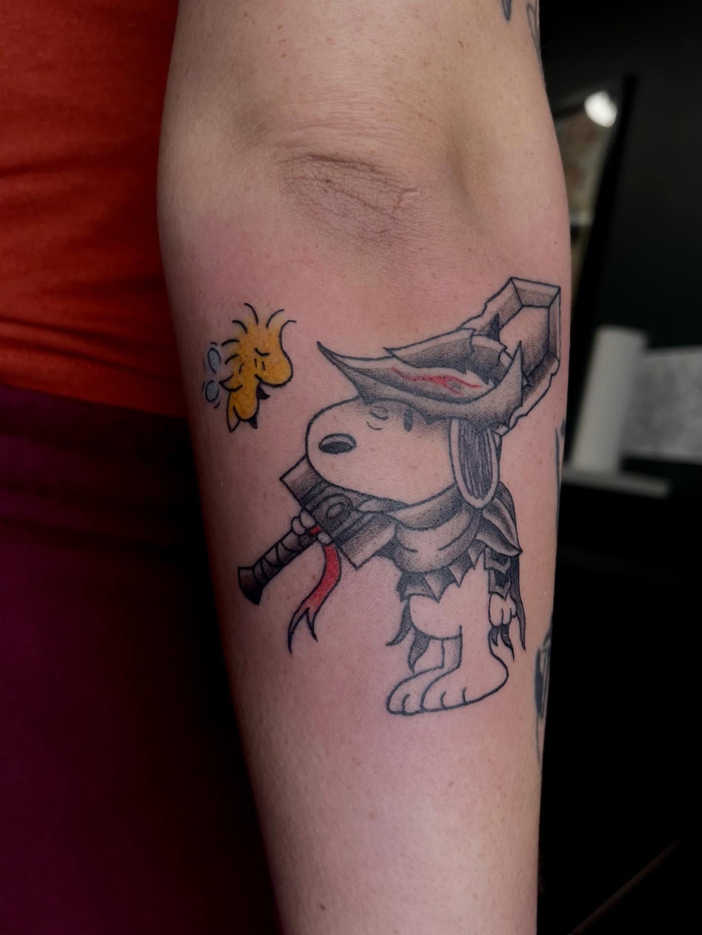 Snoopy black and grey tattoo on the forearm by Chase Healey, Salt Lake City, Utah