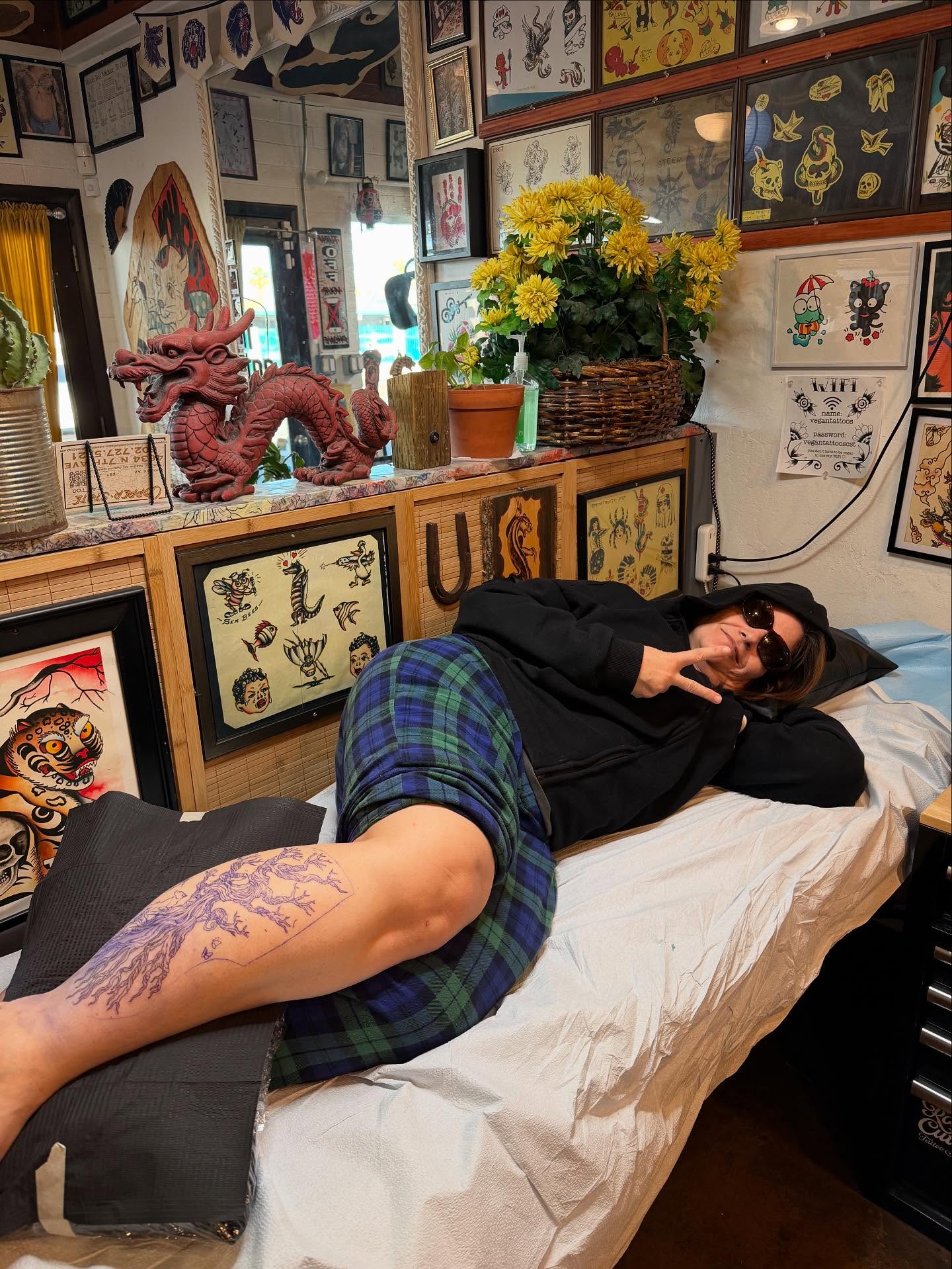 Tree American traditional tattoo on the leg by Rachel Foster