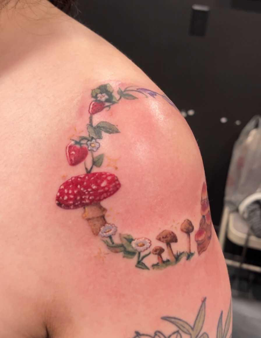 Fruit and mushrooms watercolor tattoo on the shoulder by β¨ ππ π₯π ππππ₯π β¨Tattoo Studio