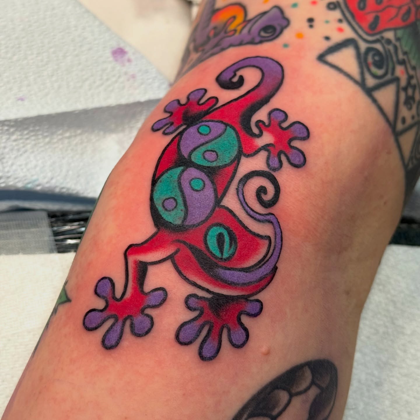 Gecko new school tattoo on the forearm by sydtatz