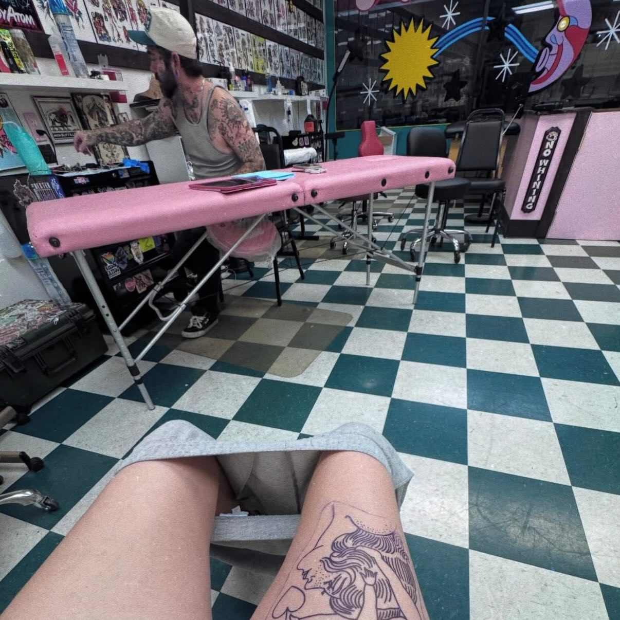 Woman's head American traditional tattoo on the thigh by Atom Aker