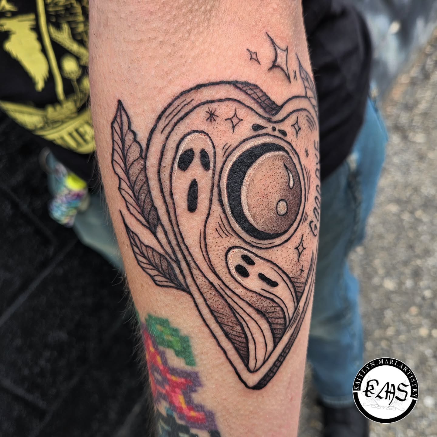 Astronaut helmet black and grey tattoo on the forearm by Kaitlyn Marianna Skewes 🌙 Illustrative