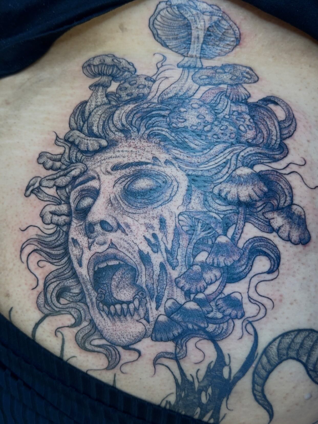 Medusa dotwork tattoo on the torso by Gabs Borderline Tattoos βπΌ