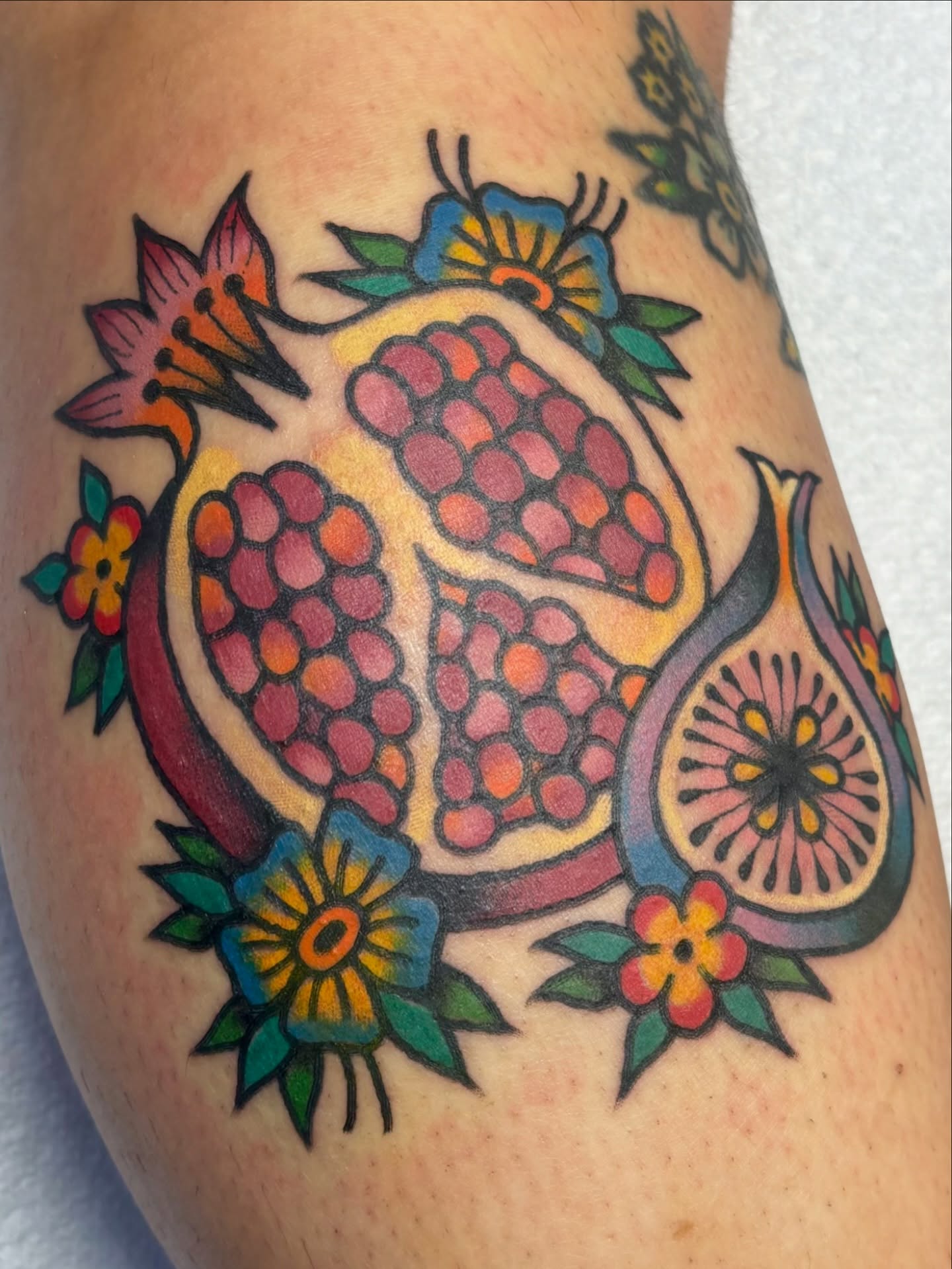 Pomegranate American traditional tattoo on the forearm by edith🌷, Murfreesboro, Tennessee