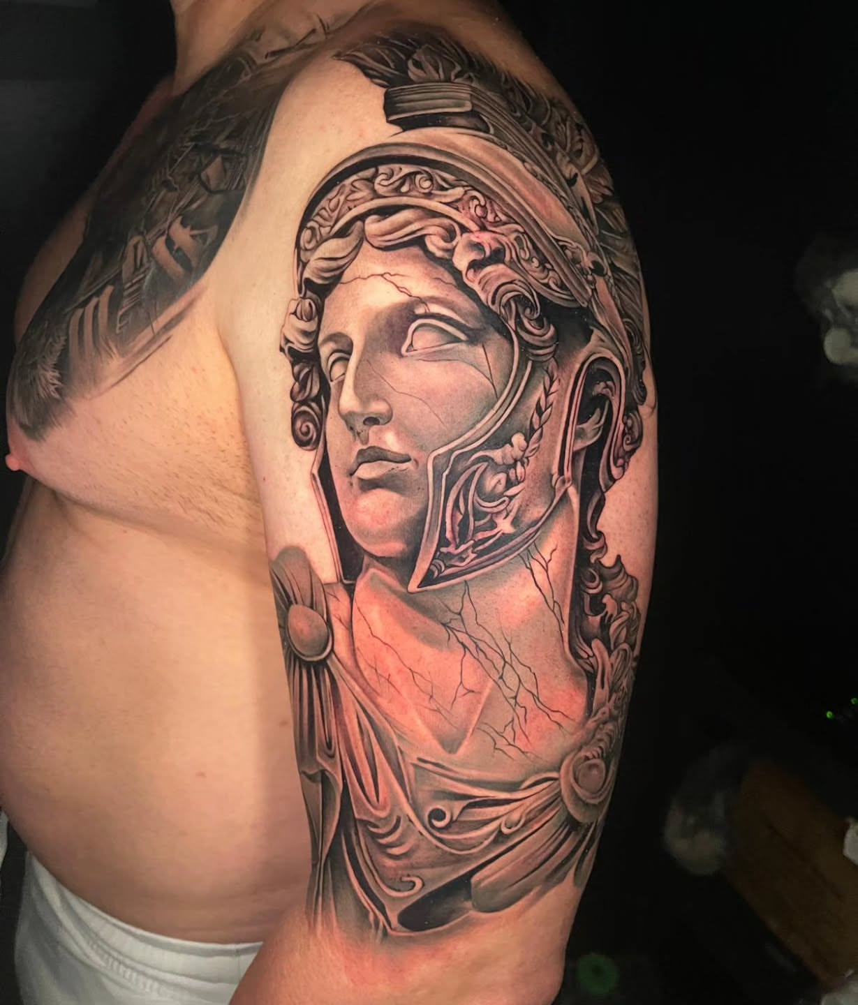Statue head realism tattoo on the shoulder by 𝐍𝐄𝐗'𝐒 𝐈𝐍𝐊 🇨🇺, Tampa