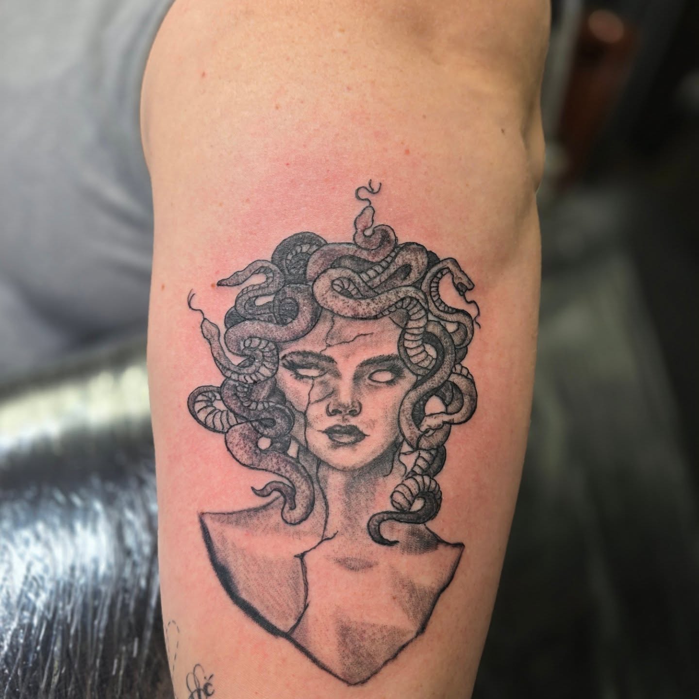 Medusa realism tattoo on the forearm by Karen Cain