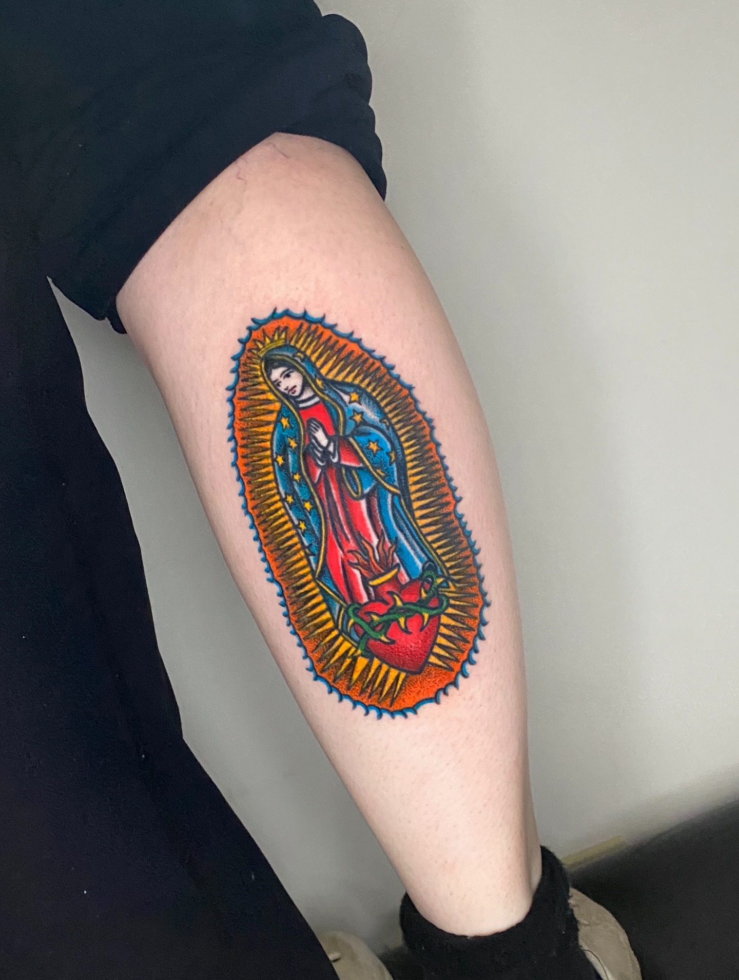 Our Lady of Guadalupe American traditional tattoo on the forearm by Aidan Leery, Portland, Oregon