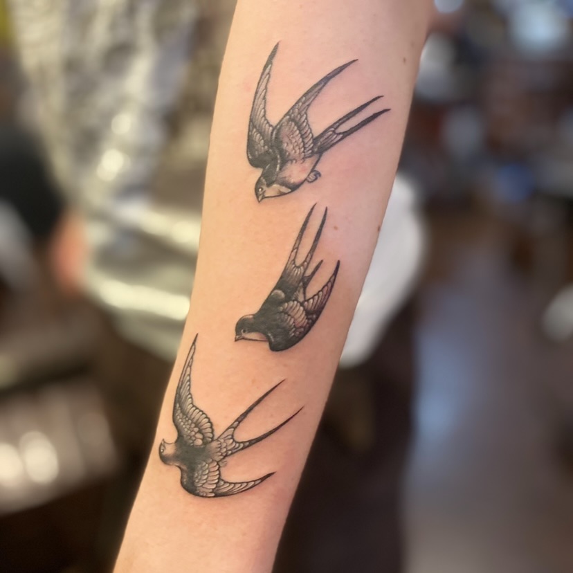 Swallows black and grey tattoo on the forearm by Nick Weaver
