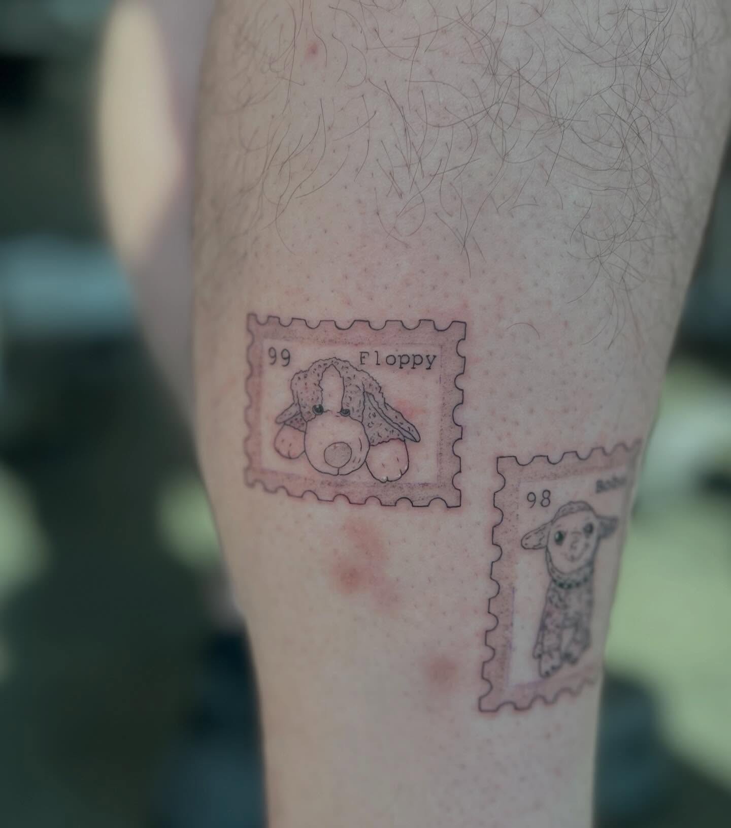 Stuffed animal postage stamps illustrative tattoo on the forearm by Kat Humphrey, Greenville, North Carolina