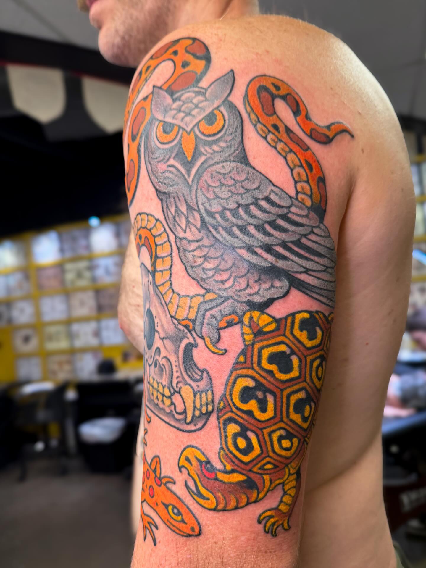 Owl and snake American traditional tattoo on the shoulder by Danny Reed, Asheville, North Carolina